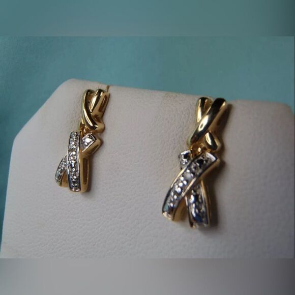 Beautiful 14K Gold Over Sterling Silver X DIAMOND STUD DANGLE Earrings - Picture 1 of 8
